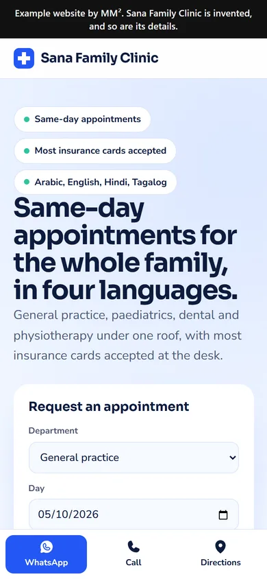 The Sana Family Clinic website on a phone